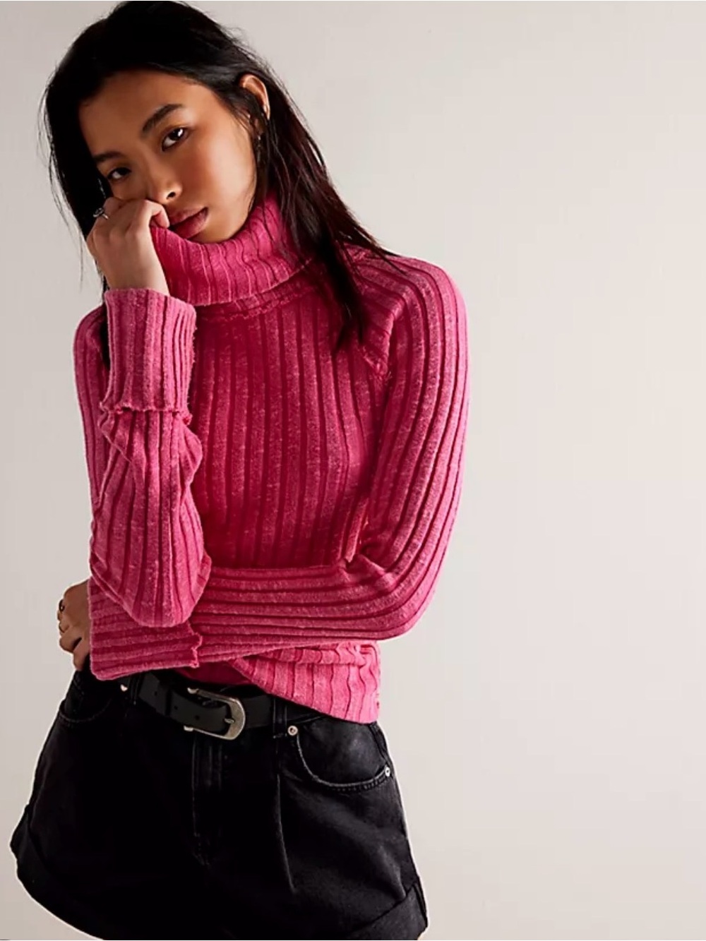 NWT Free People We The Free Just You Ribbed Turtleneck Sweater Pink Size XL